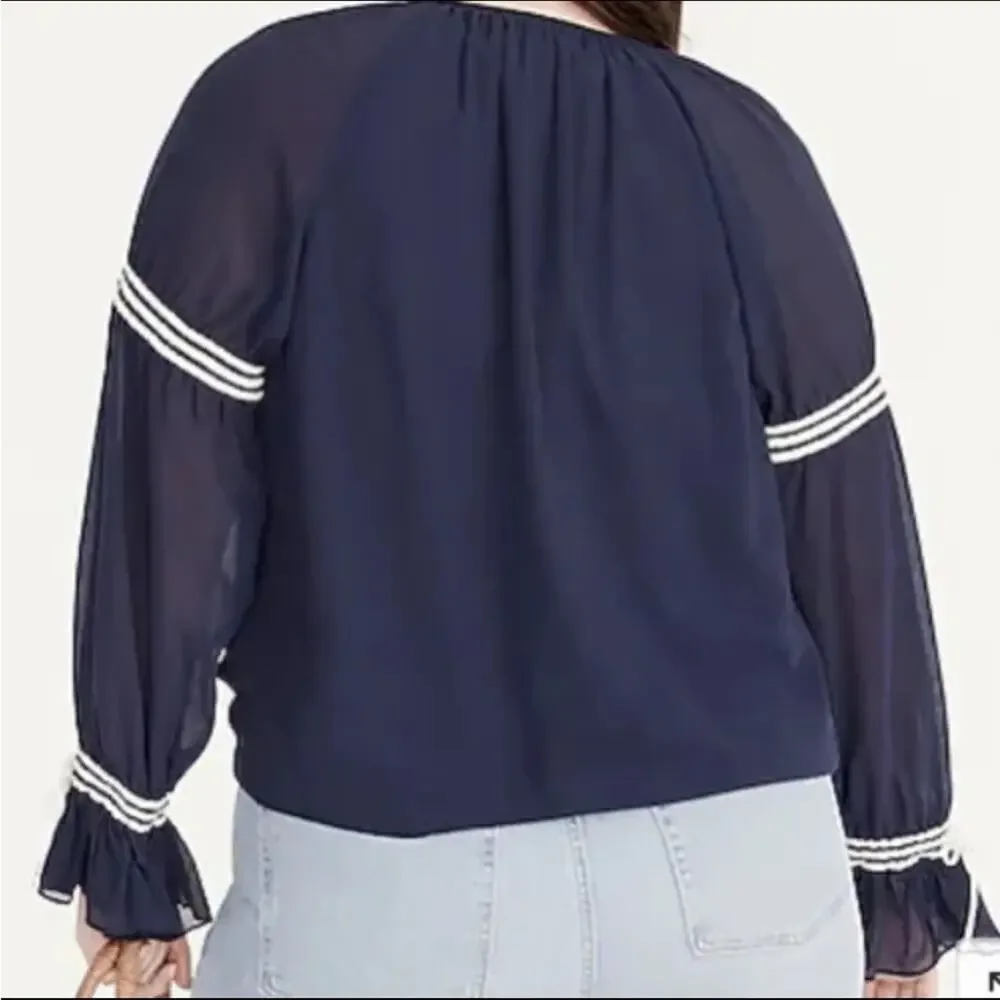 NWT J. CREW Flutter Cuff Crinkle Chiffon Top Blouse Peasant Navy Blue White sz M